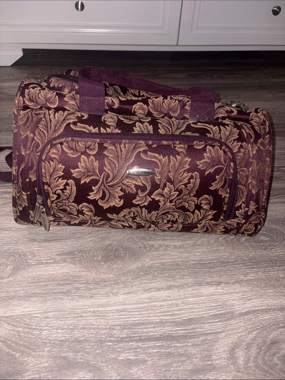 Floral Jacquard Burgundy Travel Duffel Bag with Gold Accents